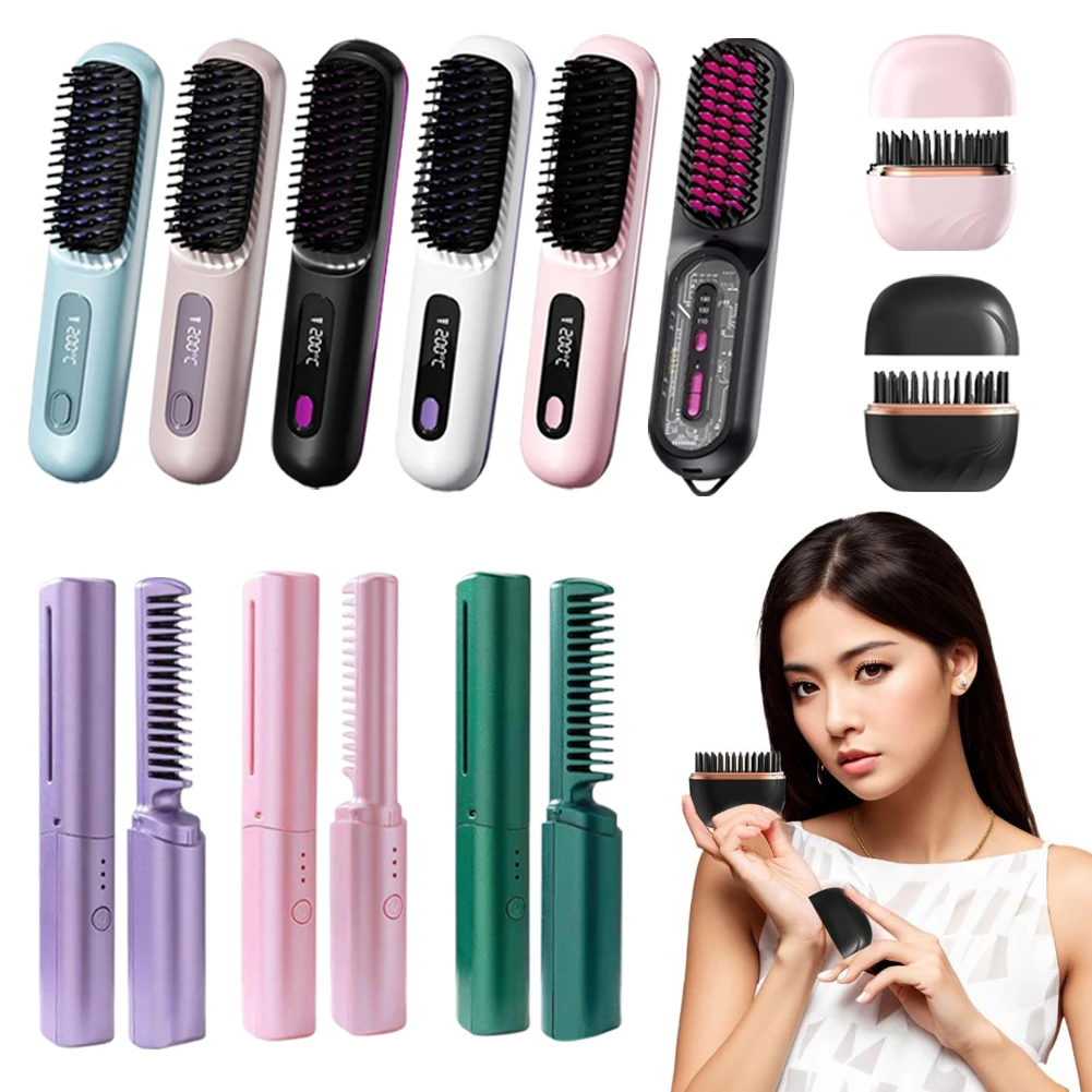تسخين سيراميك LCD كهربائي مع 3 مستويات للتحكم في درجة الحرارة، مشط شعر مستقيم، أداة تصفيف الأيونات السالبة المحمولة اللاسلكية