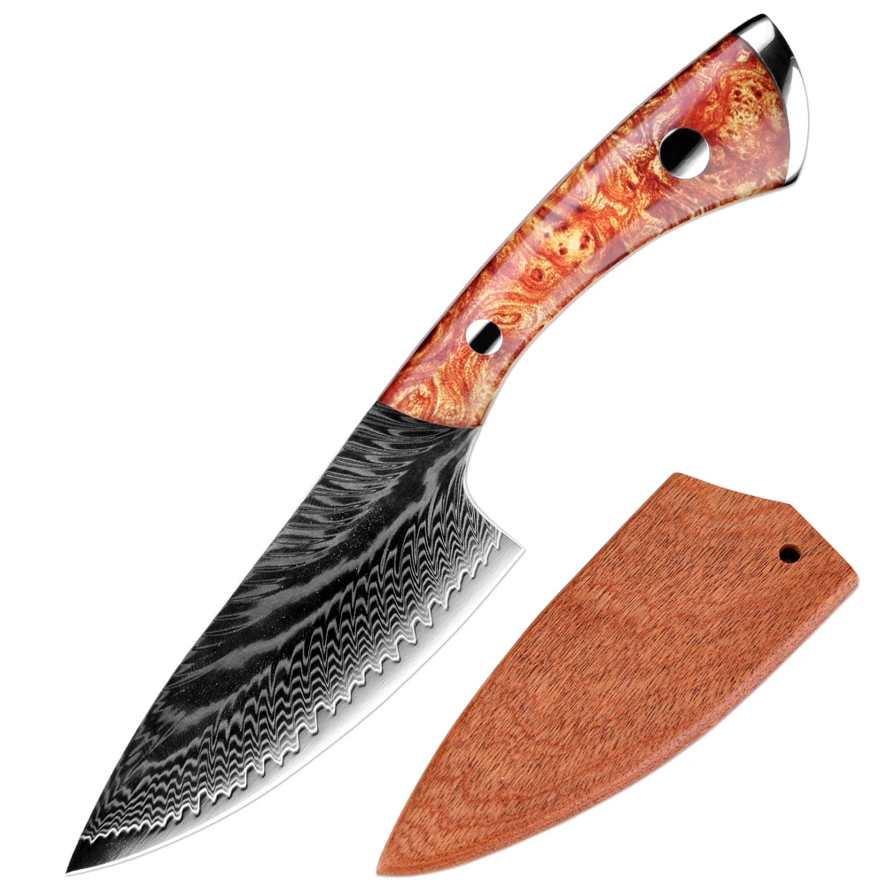 Damascus Steel Meat Cleaver With Wooden Sheath Japanese Small Kitchen Chef Knife Portability Utility Fruit Fish Slicing Knife