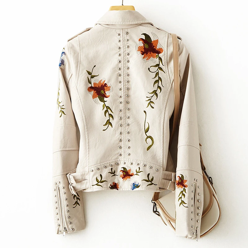 Vintage Floral Print Embroidered Faux Soft Leather Jacket Lapel PU Moto Biker Punk Jacket Embroidered Studded Leather Jacket