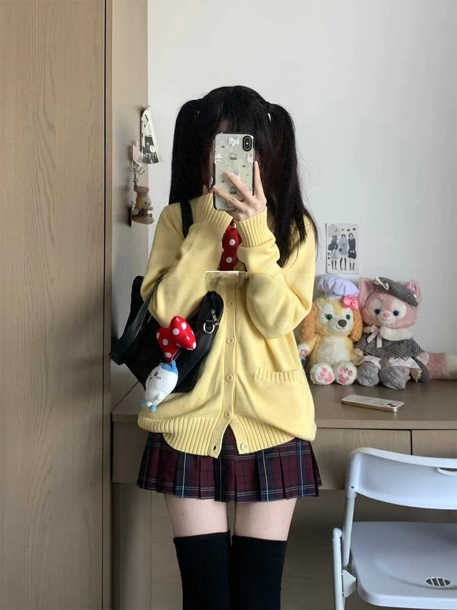 طقم سترة محبوكة بأسلوب حلو للنساء، طقم من ثلاث قطع على الطراز الكوري والياباني، كارديجان بأكمام طويلة وياقة على شكل V للربيع ...