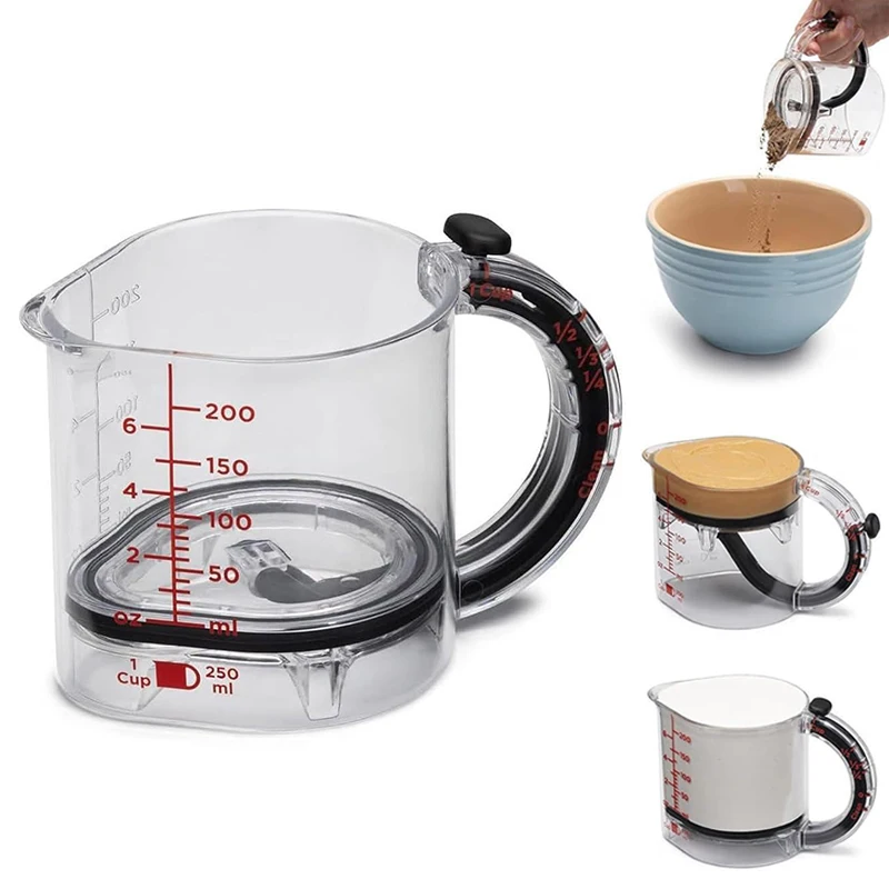 

4-in-1 Multi-Functional Measuring Cup with Scraper-Style Seal Base Space-Saving Easy to Clean Adjustable Kitchen Tool