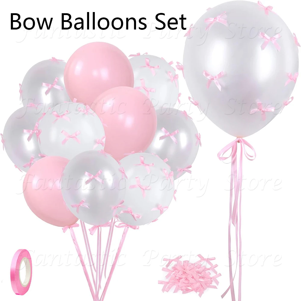 Pink Bow Balloons Pearl White Pink Balloon Mini Pink Ribbon Bow Girl Birthday Baby Shower Decoration Wedding Bridal Shower Decor