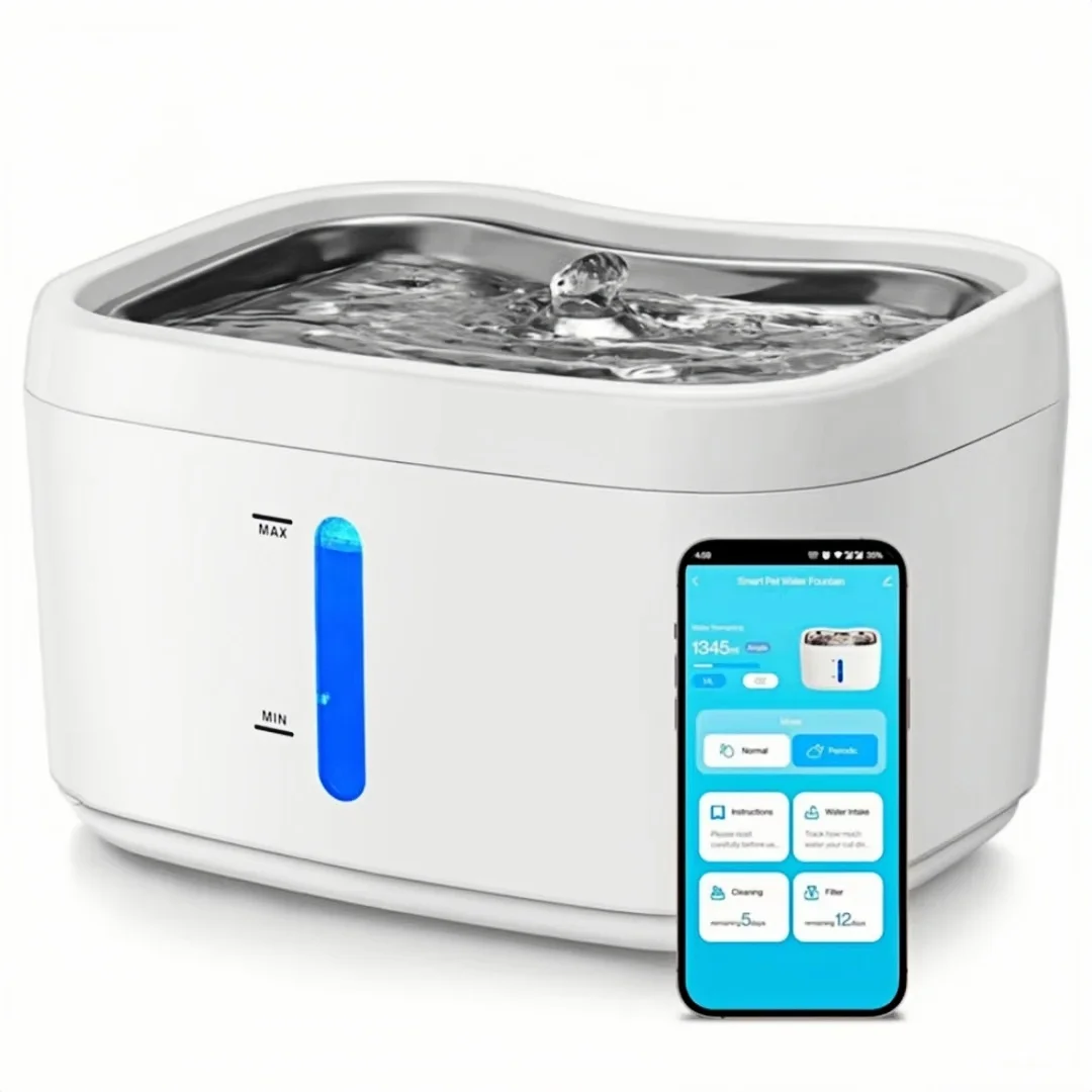

Cat Water Fountain with APP Wireless Connected 84oz/2.5L Automatic Pet Water Fountain with Stainless Steel Tray Weight Sensor