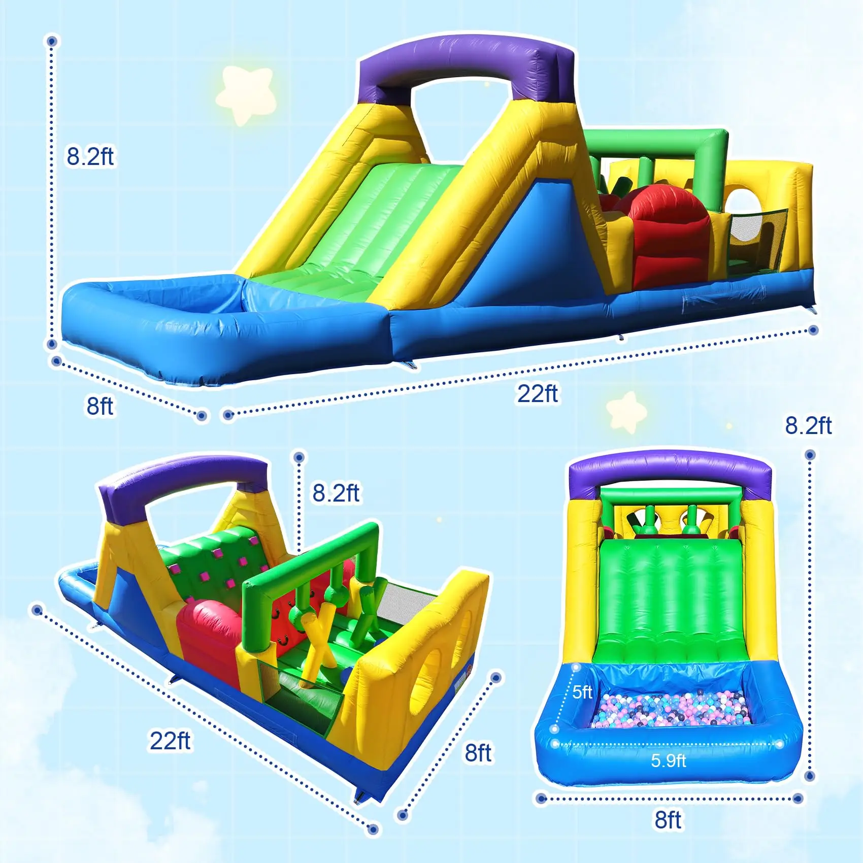 Commercial Bounce House Inflatable Obstacle Course Water Slide Dual Tunnel, Climbing, Splash Water Pool Outdoor Party 22x8x8.2FT