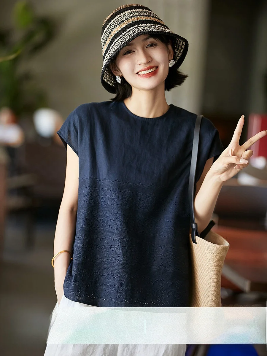 

Pure Flax Breathable Heavy Embroidery round Neck Short Sleeve T-Shirt Women's Summer New Style Xhange Breathable Comfortable ...