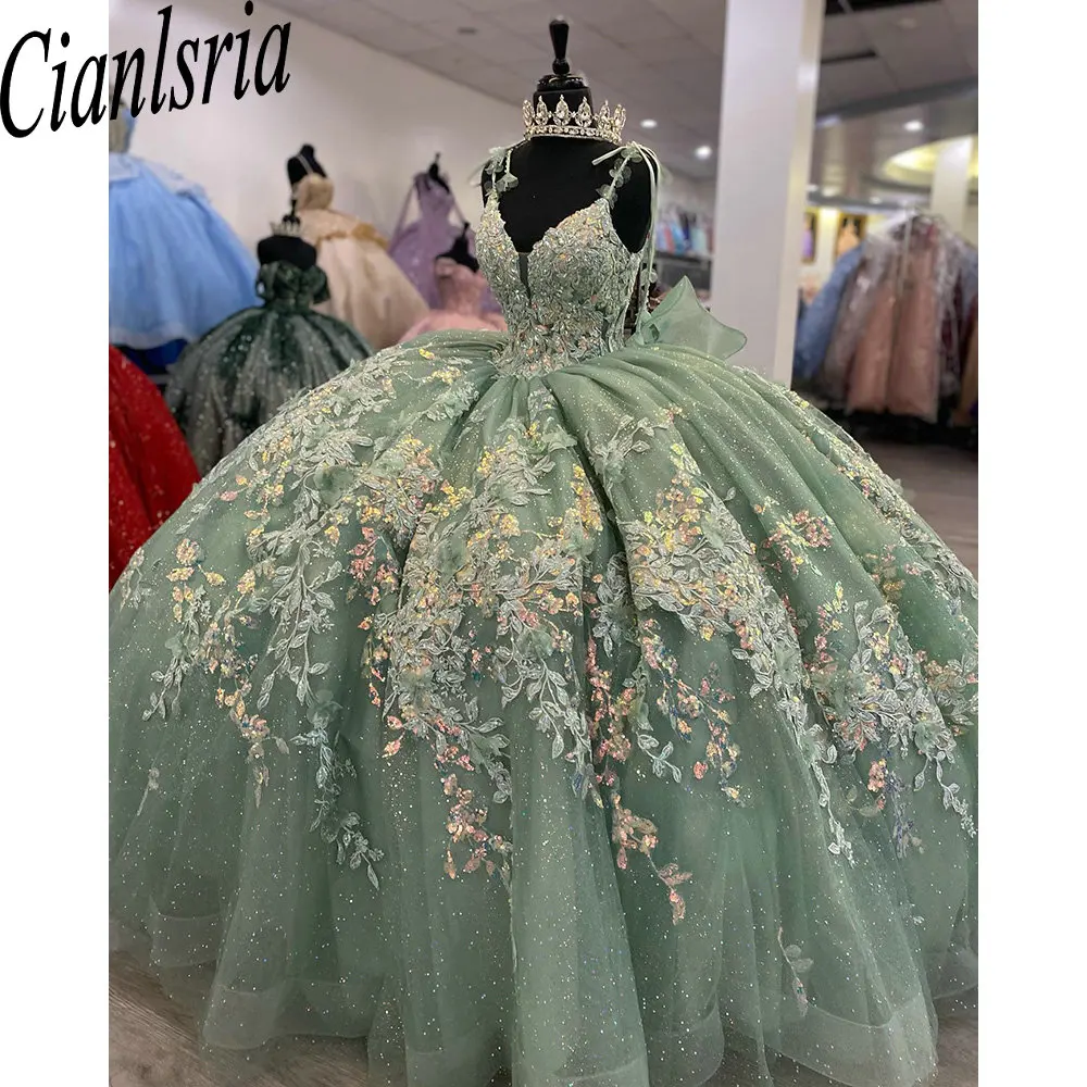 

Mint Green Sequined Appliques Beading Shiny Crystal Ball Gown Quinceanera Dresses Spaghetti Strap Bow Corset Vestidos De 15 Años