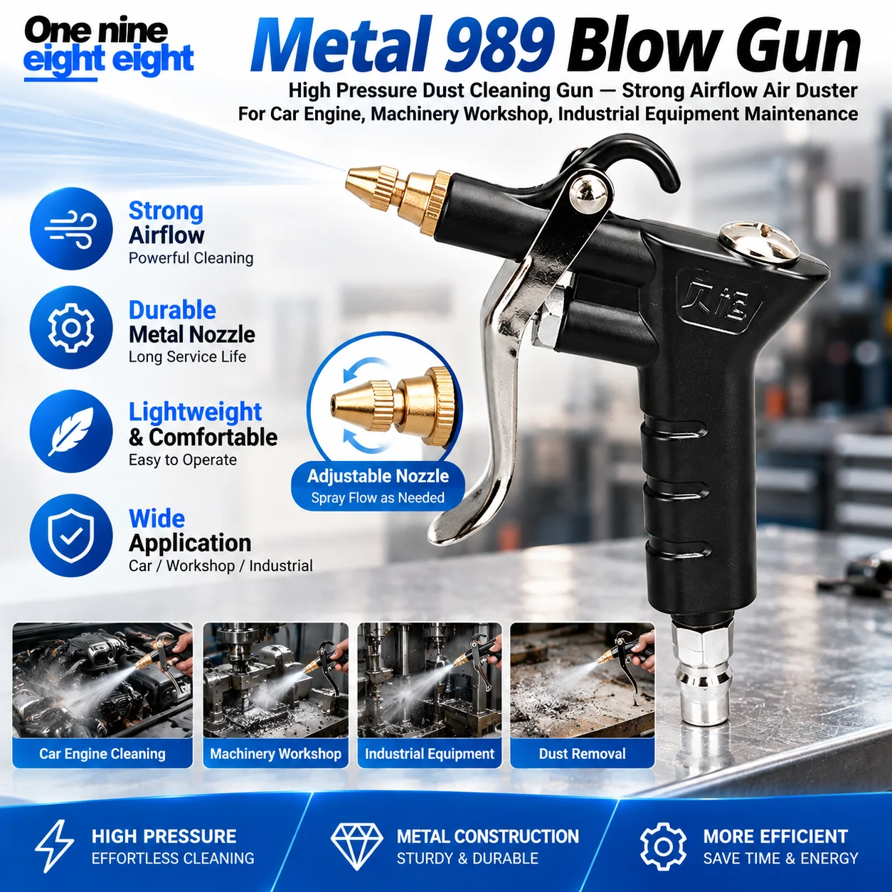 One Nine Eight Eight Air Blow Gun High Pressure Metal Dust Blower Leak-Proof Pneumatic Cleaning Tool with Long Short Nozzles for