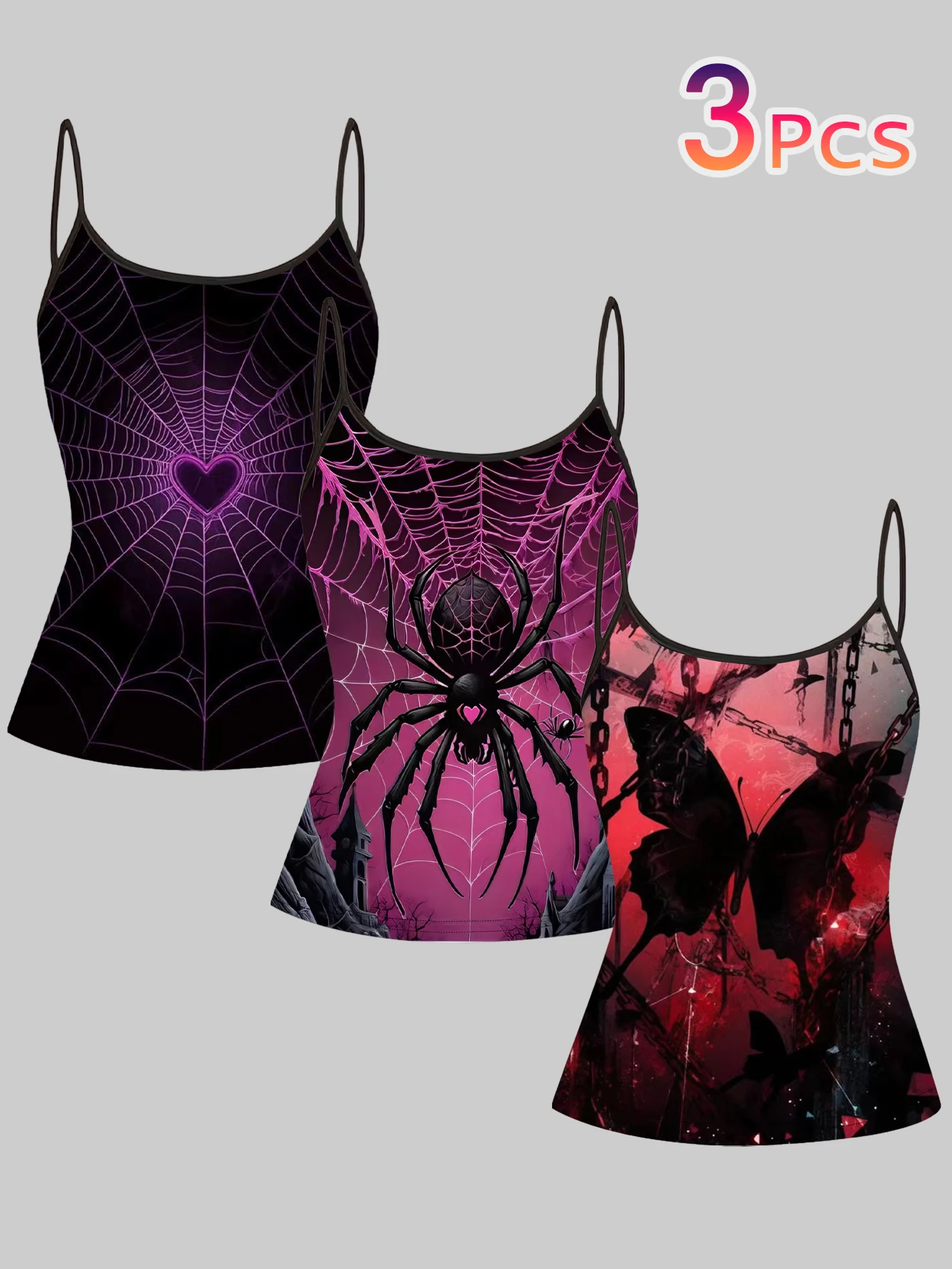 3-Piece Set of Dark Spider Web Print Camisoles for Women, Gothic Heart Spider Web Black Butterfly Personalized Slim-Fit Sleeveless Hot Girl Inner Wear Tops