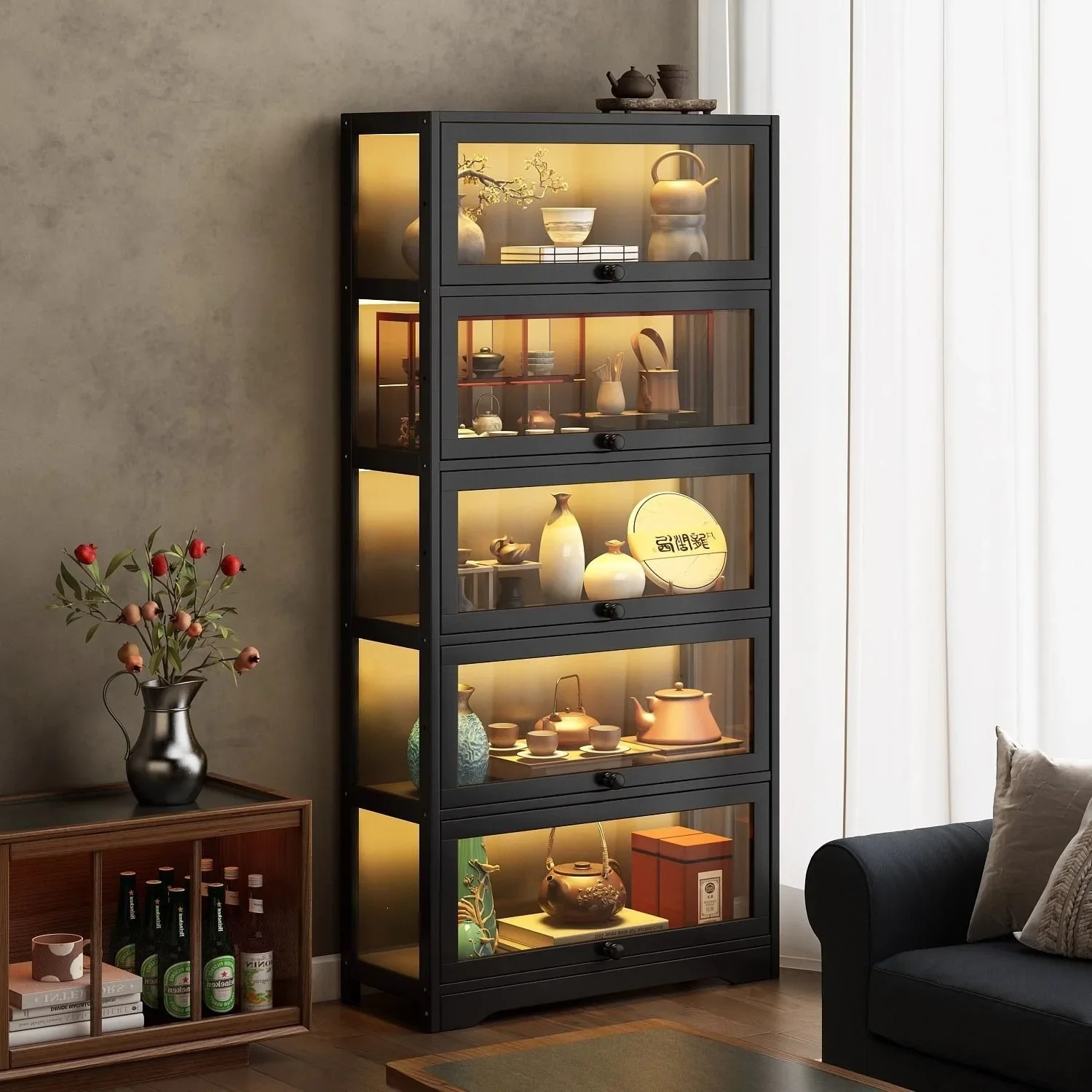 Tea cabinet shelf, tea cabinet, purple clay pot, tea set storage rack with lamp and dust-proof antique display cabinet