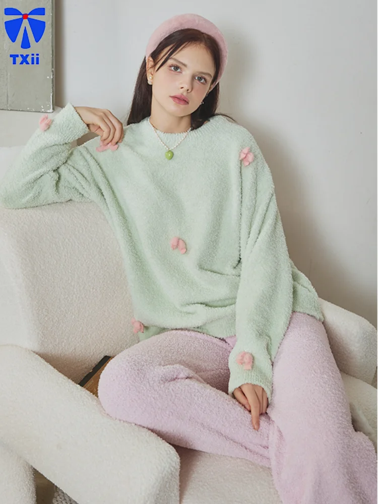 TXii Newlook Autumn and Winter New Green Bow Loose Thick Half-side Velvet suit Thick Sweet Cardigan High-end Home Clothes