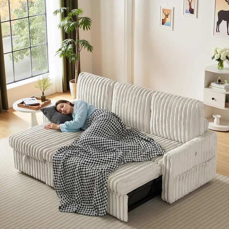 81 Sectional Sleeper Sofa Bed with Storage Chaise and USB Charging Plush Corduroy L Shaped Pull Out Couch Bed Modular