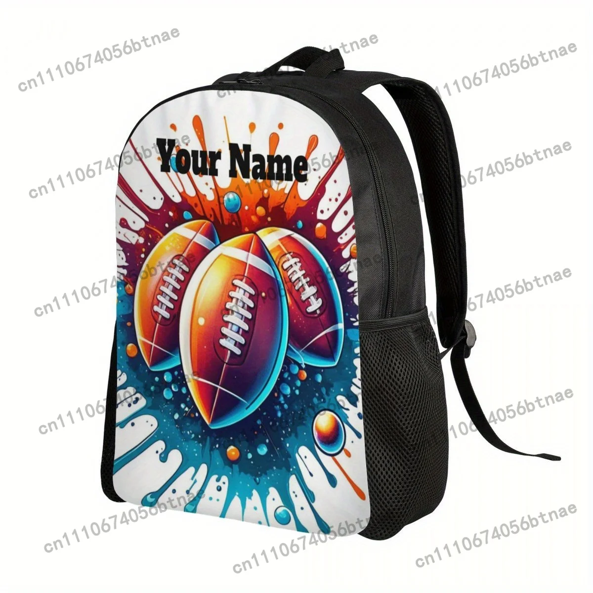Customizable Rugby-Themed Backpack With Personalized Name, Lightweight Polyester Bag With Adjustable Straps, Zip Closure, And Pr