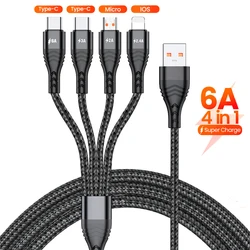 4 in 1 USB Type C Cable for iPhone 14 13 12 11 Pro Max Nylon 6A 66W 3 in 1 2 in 1 Type-C Micro USB Fast Charging Charge Cable