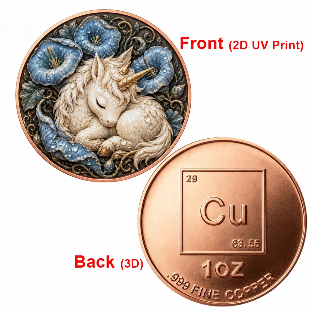 1pc 1oz Fine Copper Sleeping Unicorn Commemorative Coin UV Print Myth Baby Unicorn Challenge Coin Gift for Myth Creature Fans