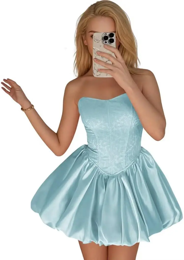 

Strapless Satin Homecoming Dresses for Teens Jacquard Short Prom Dress A-line Cocktail Party Gowns with Pockets Mini Dress