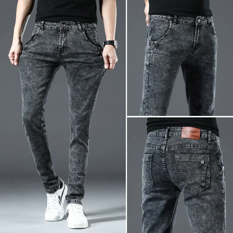 

Trendy Snowflake Slim Men's Jeans Autumn Retro Washed Type Classic Casual Fashion Street Skateboarding Skinny Denim Pants Male