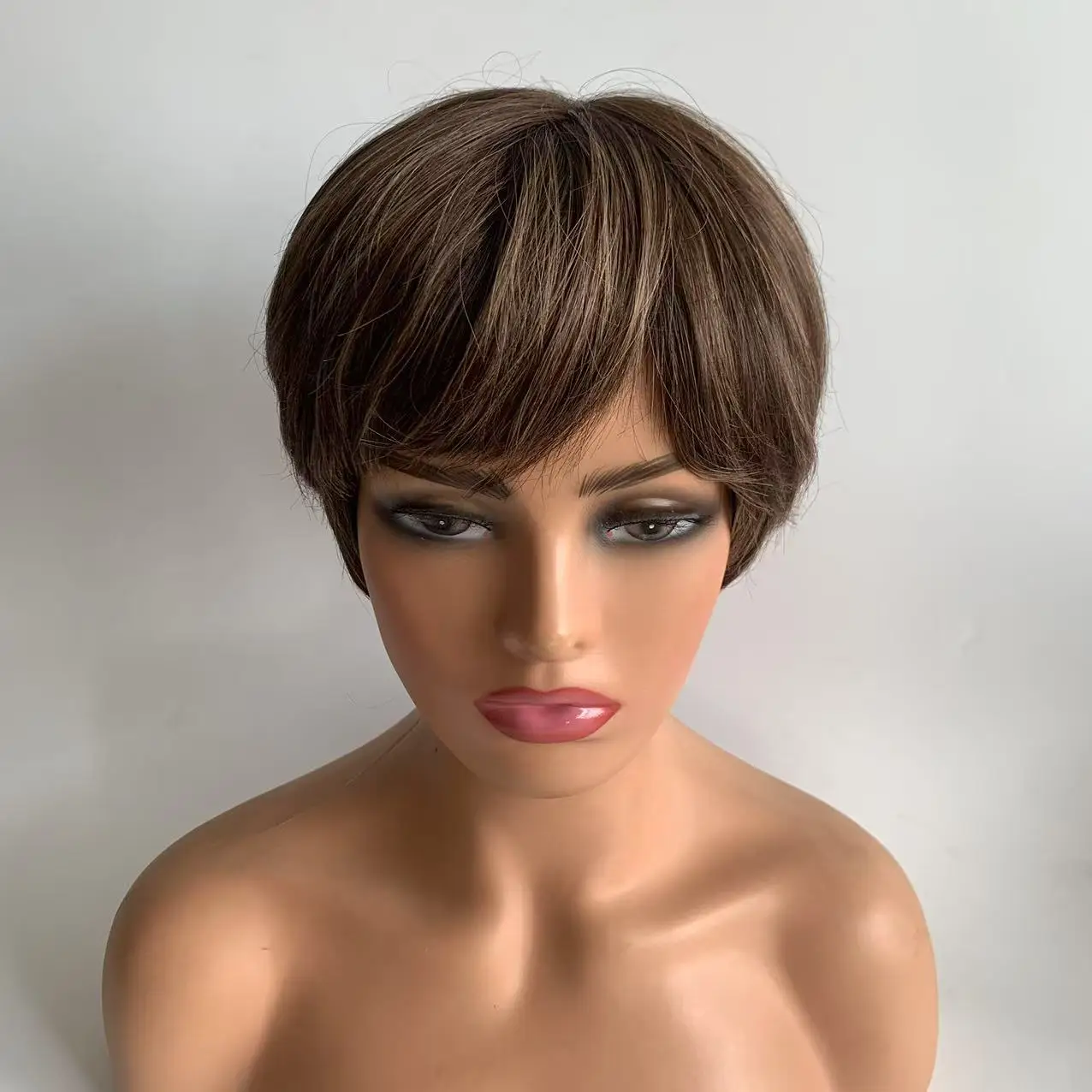 #4/8H Brown Highlight Silk Base Wig European Russian Virgin Human Hair Short Pixie Wig Daily Cosplay Use Natural Wigs