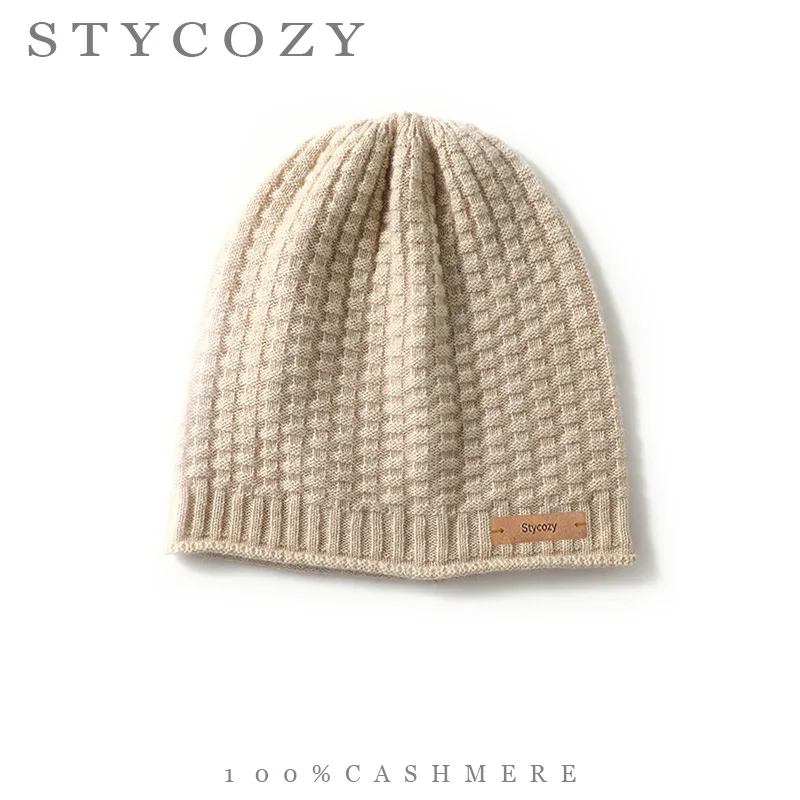 100% Cashmere Unisex Waffle Knit Beanie Solid Soft Winter Skull Cap Ribbed Hem Casual Knitted Hat with Leather Tag Warm Headwear