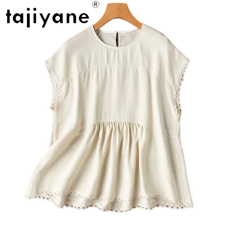 TAJIYANE 100% Mulberry Silk Women T Shirts Lace Trim A-Line T Shirt Loose O-Neck Short Sleeve Summer Tops for Woman Clothes 2026