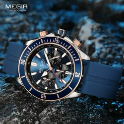 MEGIR Navy Blue Sport Watch for Men Fashion Waterproof Silicone Strap Chronograph Wristwatch with Luminous Hands Auto Date 2226