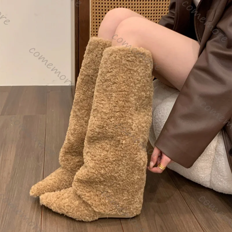 Comemore Lambswool Winter Long Boots Women Pointed Toe Wedge Knee High Snow Boots Woman Plus Size Fashion Plush Botas Mujer