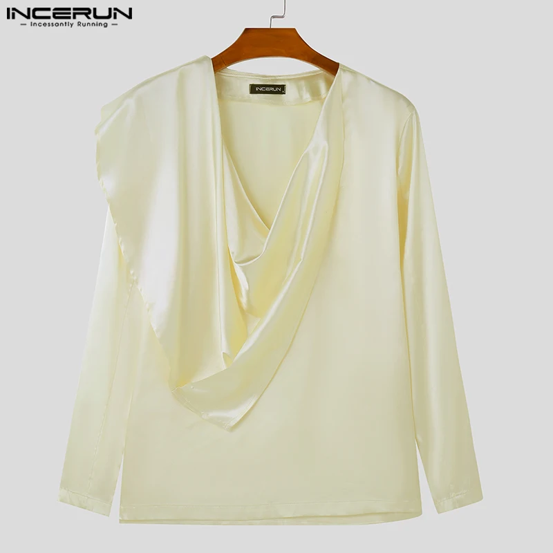 2024 INCERUN American Fashion Long Sleeve T-shirts Men Kink Design Solid Color T-shirts Heaps Collar Elegant Vintage Style Tees image 5
