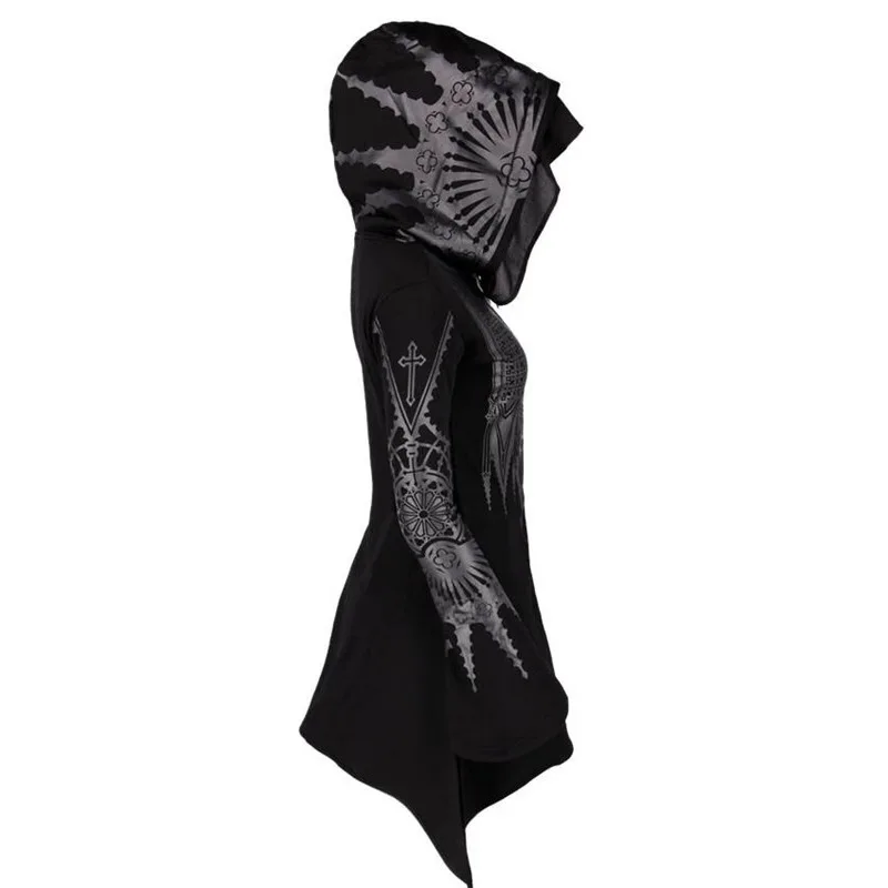 European American Style Punk Gothic Zip Up Hooded Sweatshirt for Women Autumn Winter Fashion Black Printed Hoodie Y2k Streetwear