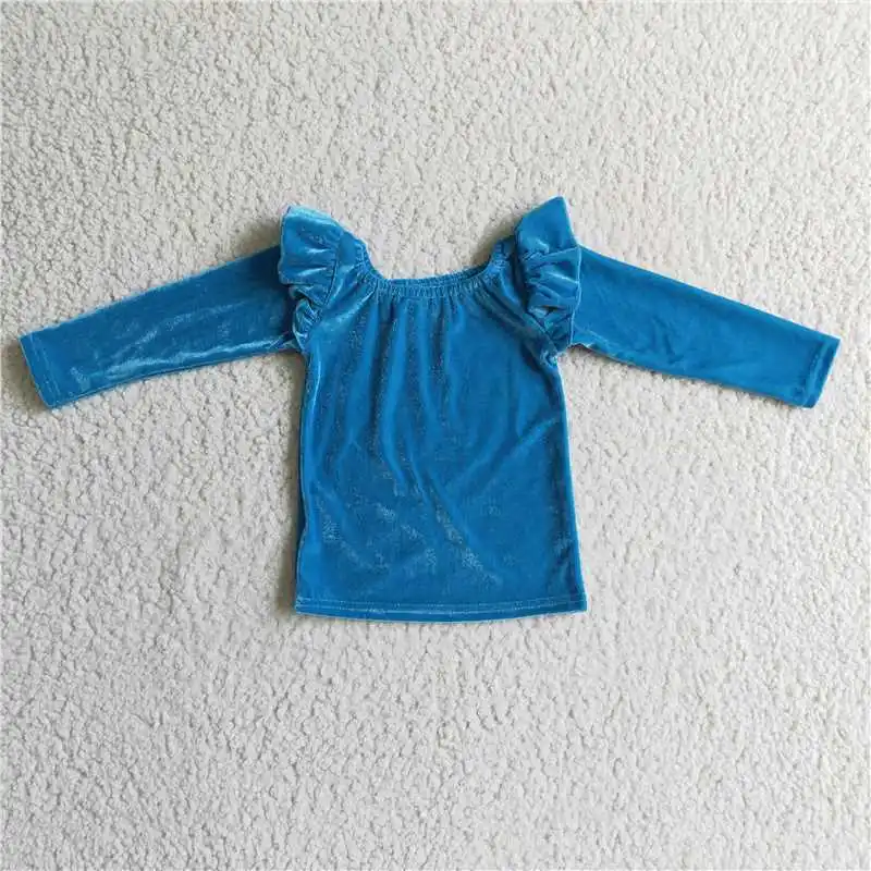 Moda bebé niñas azul oro terciopelo de manga larga Top venta al por mayor Boutique ropa para niños camisa de manga larga