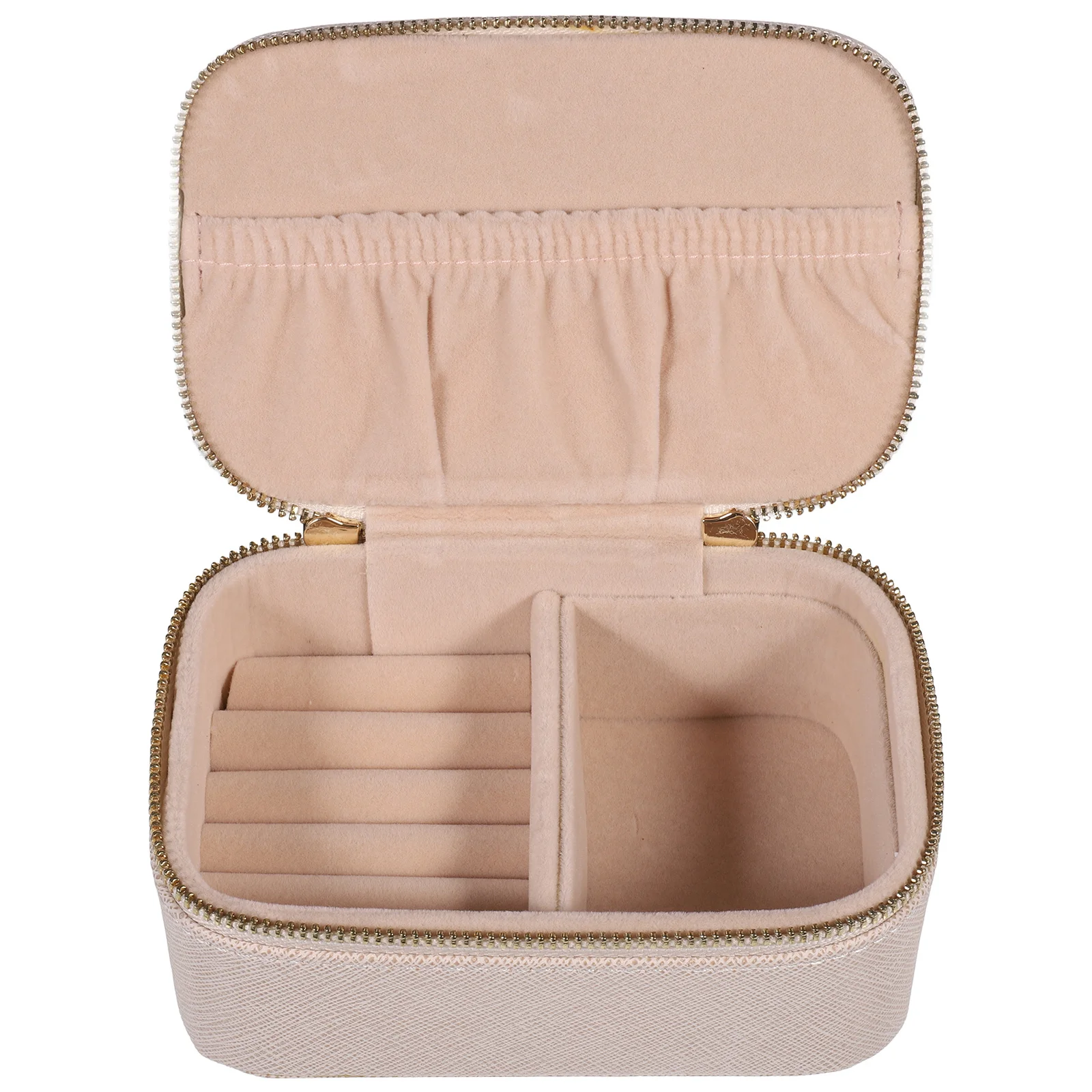 Travel Jewelry Organizer Beige PU Portable Jewelry Box Storage Case Zipper Closure Rings Earrings Necklace Holder