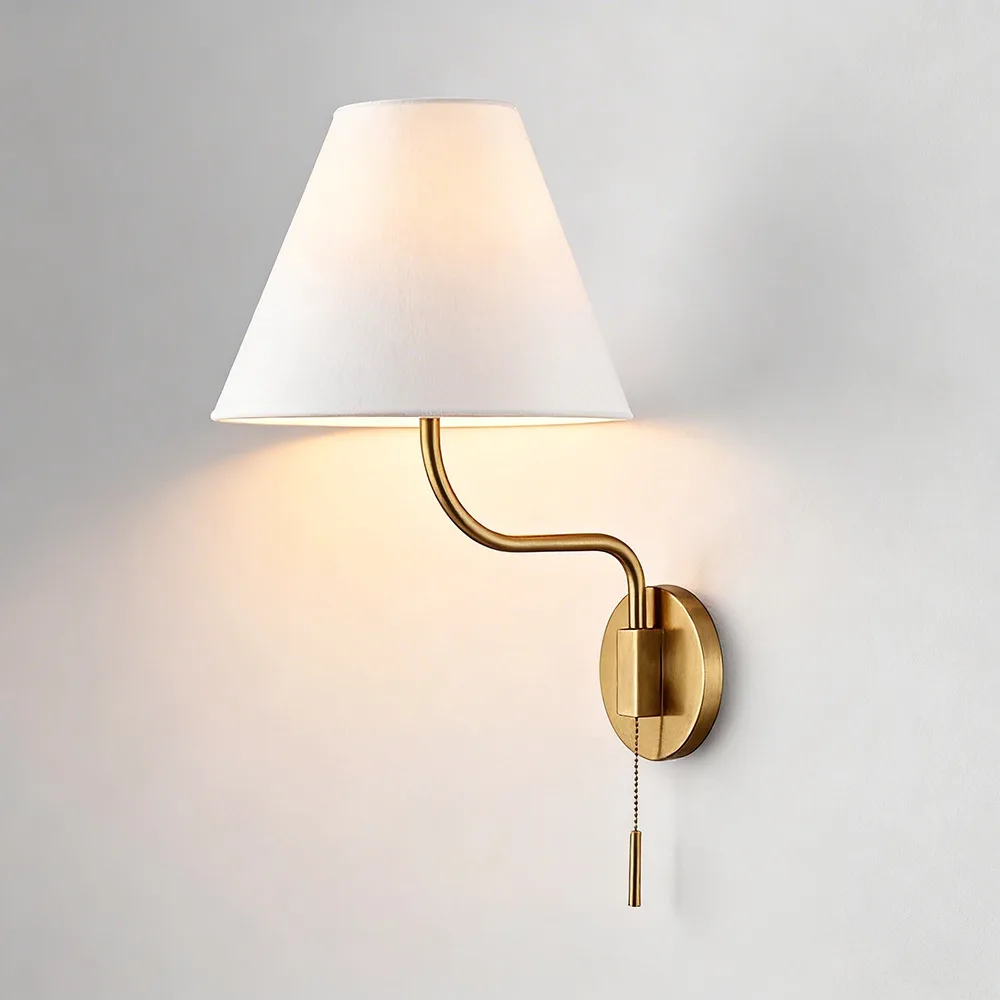 European Retro Simple LED All Copper Wall Lamp Fabric Lampshade with Zipper Switch for Living Room Villa Bedroom Bedside Lamp