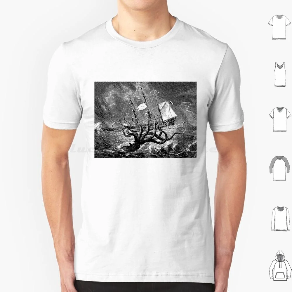 Vintage Kraken Attacking Ship Illustration T Shirt Cotton Men Women DIY Print Sea Monster Kracken Giant Squid Octopus Creature
