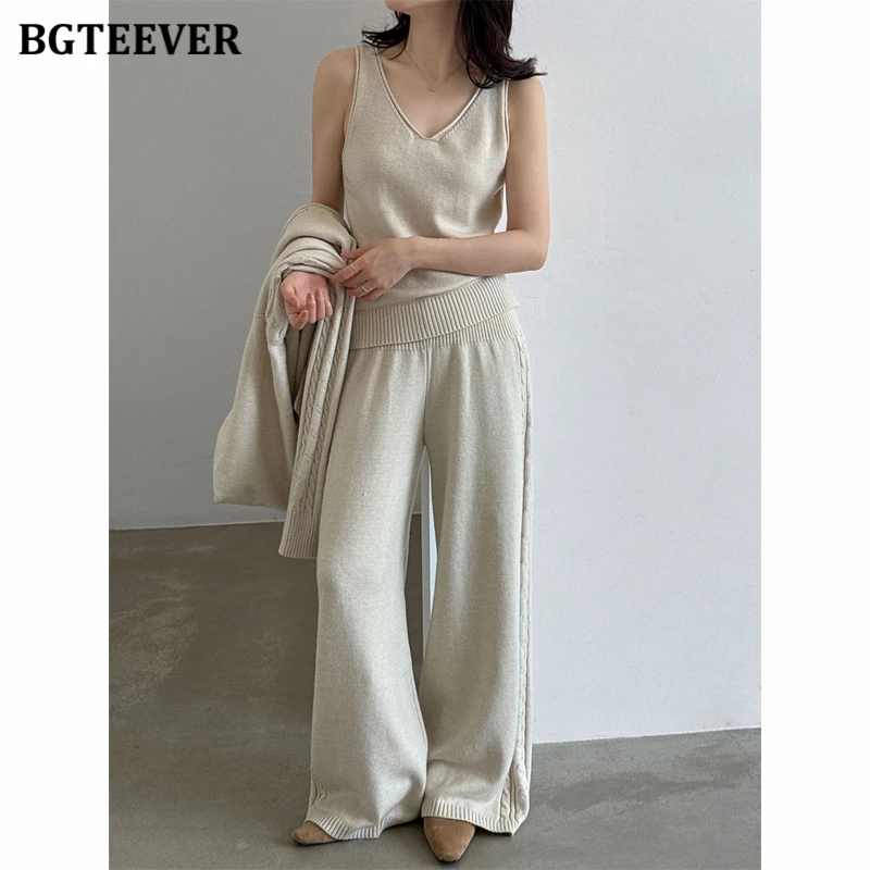 BGTEEVER Winter Sweater Set Hooded Cardigan + V-neck Vest + Wide Leg Pants, Warm Knit Three-piece Set