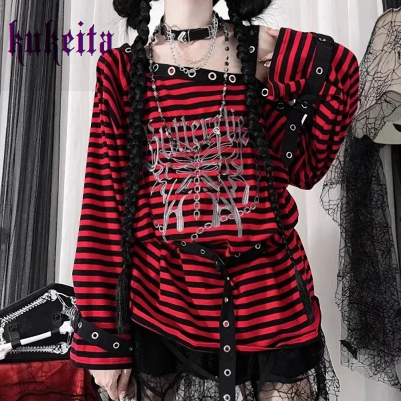 Harajuku Punk Striped Print T Shirts Y2k Gothic Girls Off Shoulder Blue Red Loose Butterfly Letter Grunge Tees Streetwear Tops