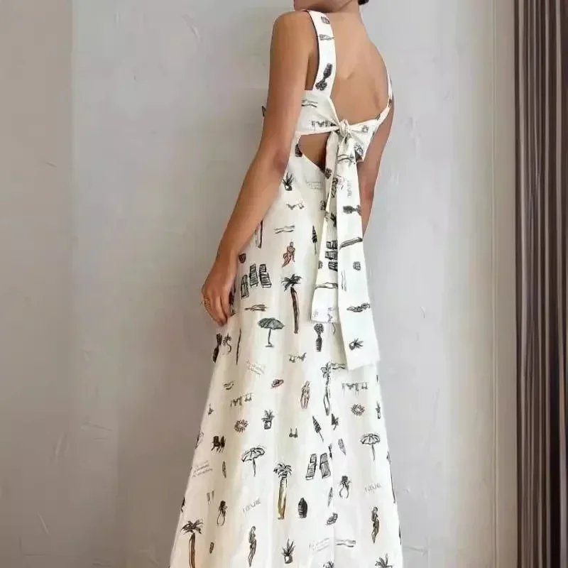 

Women Plus Size 3XL Long Dress Bow Straps Print Sleeveless Commuter Long Suspender Skirt Hollow Out Backless Sexy Female Dresses