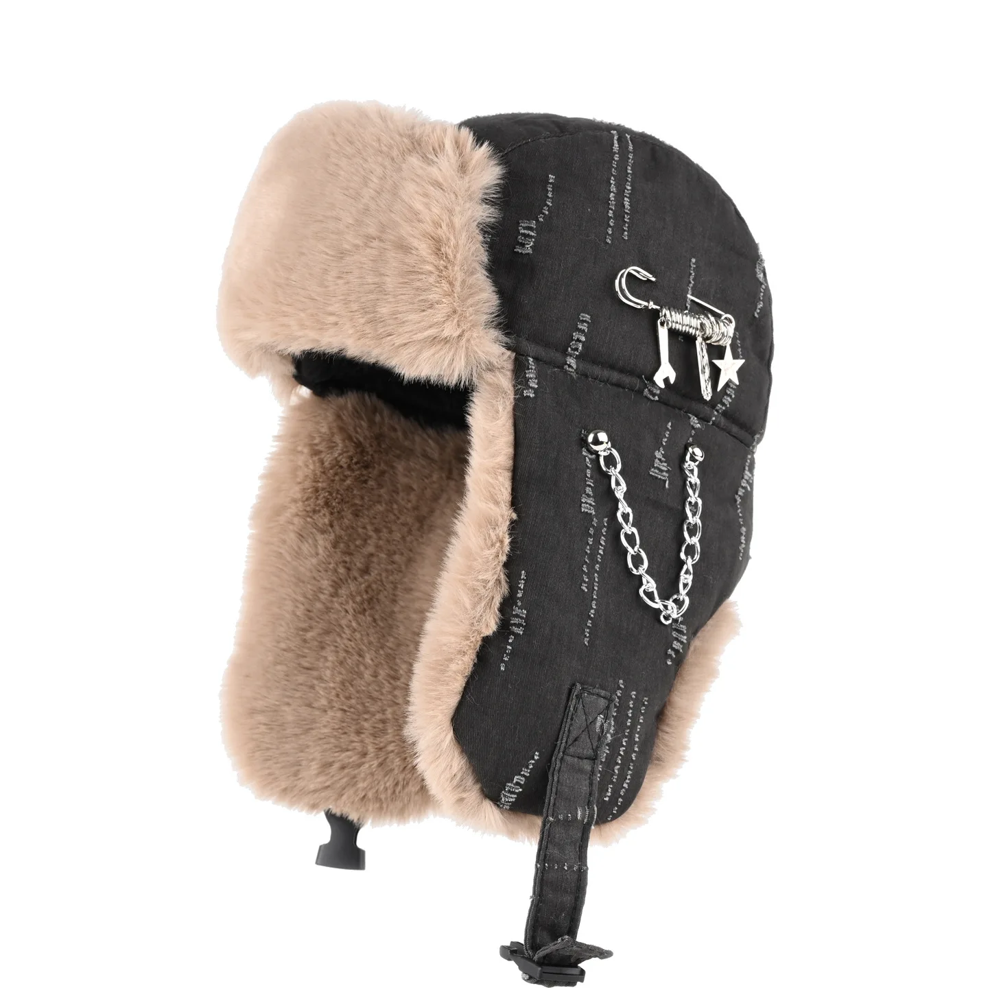 Y2K Punk Winter Trapper Hat Faux Fur Lined Ear Flap Hat Metal Chain Star Pin Decor Windproof Trooper Hat for Outdoor Streetwear
