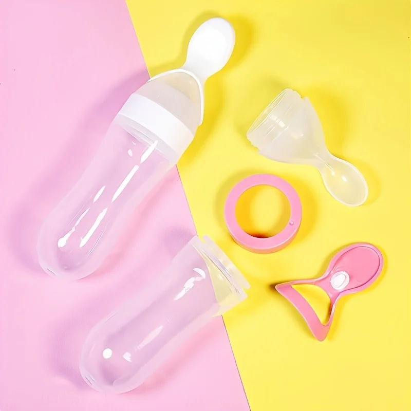 زجاجة سيليكون لتغذية الأطفال مع ملعقة، ملعقة توزيع طعام سعة 3 أونصة، ملعقة ضغط الطعام، مناسبة للأولاد والبنات الصغار