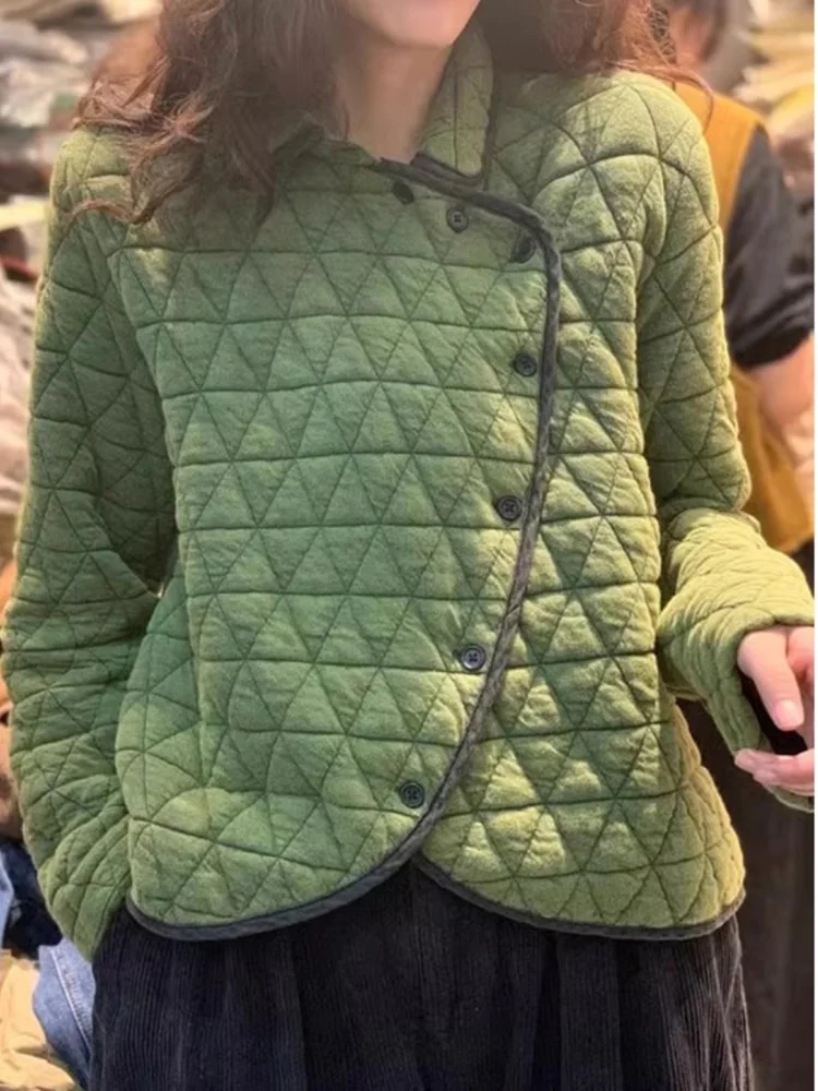 レディース レトロ 配色 ダイヤモンド格子柄 コットンジャケット 秋冬新作 ラペルカラー ゆったり 厚手 暖かい コットンコート