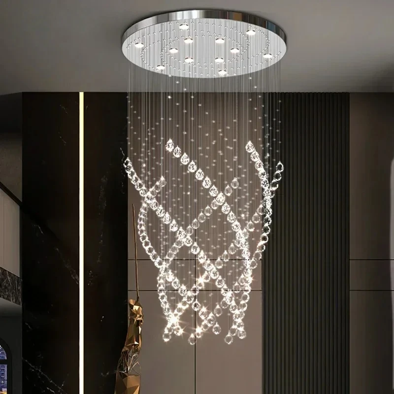 

New Design Large Decorative High Ceiling Light For Living Room Chrome Pendant Lamp Spiral Stair Modern Luxury Crystal Chandelier
