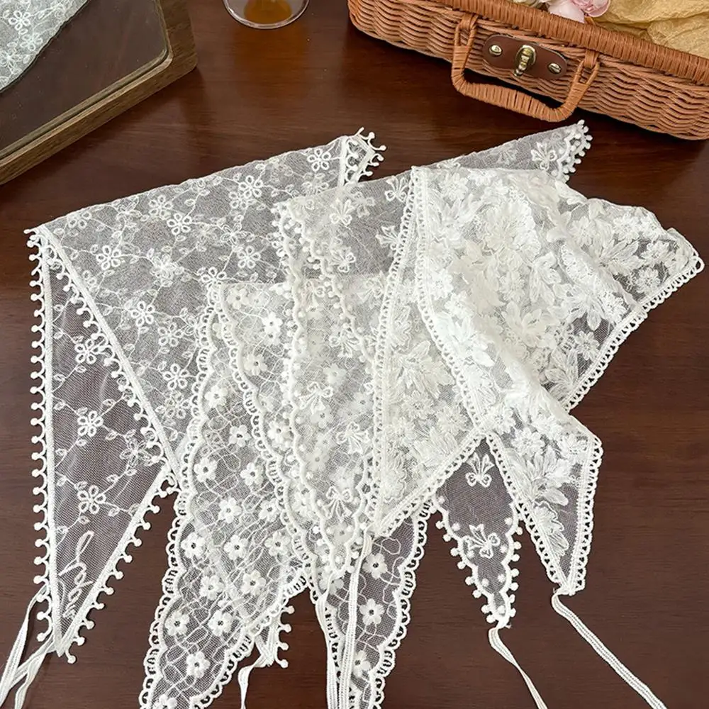 White Embroidered Floral Lace Hair Scarf Wraps Women Retro Triangle Headscarf Hat Travel Photo Headband Hair Accessories