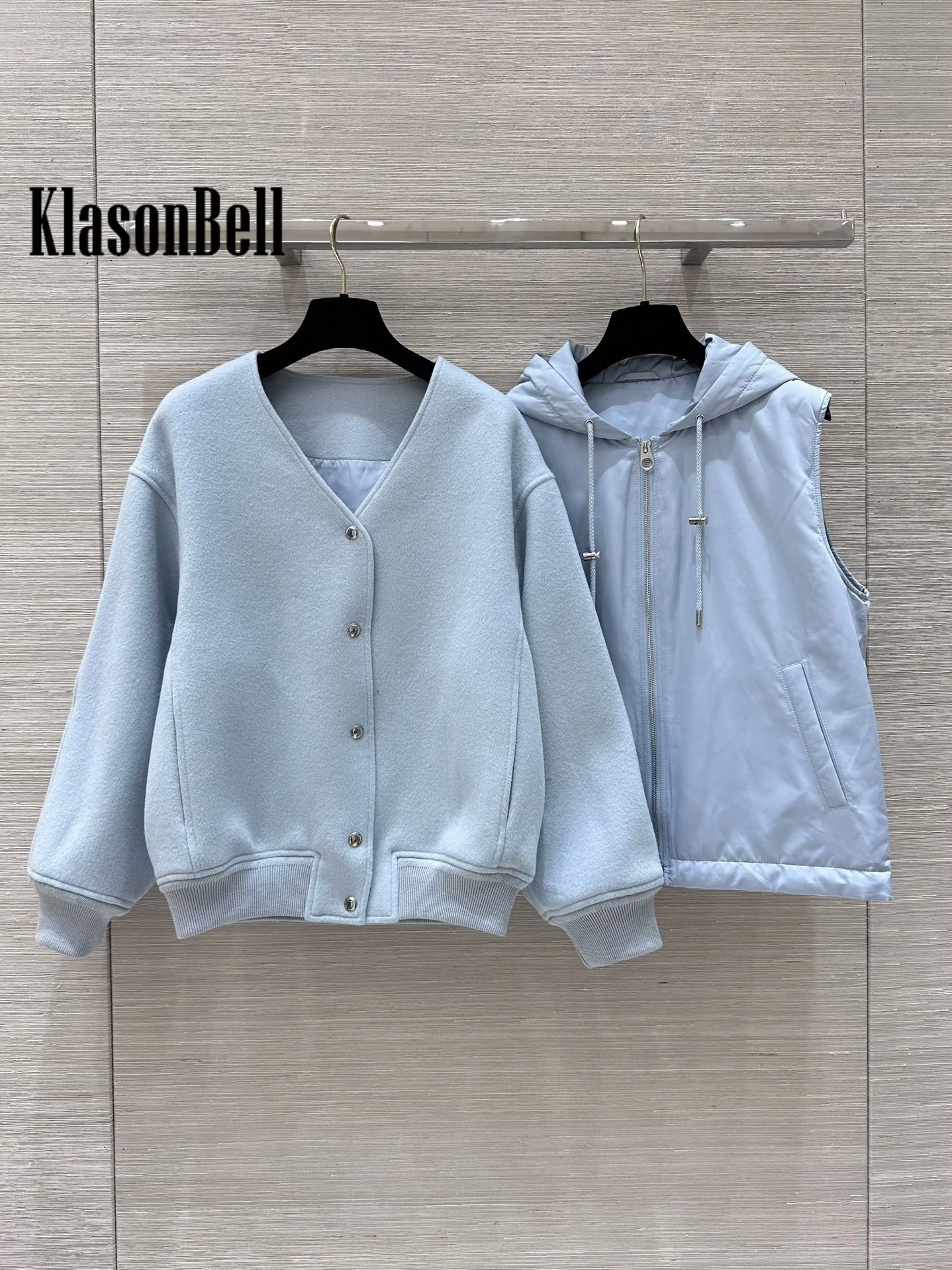 9.25 KlasonBell Women\'s Autumn Winter New Wool Button V-Neck Cardigan Jacket + Cotton Hooded Lace-up Zipper Vest Two Piece Set