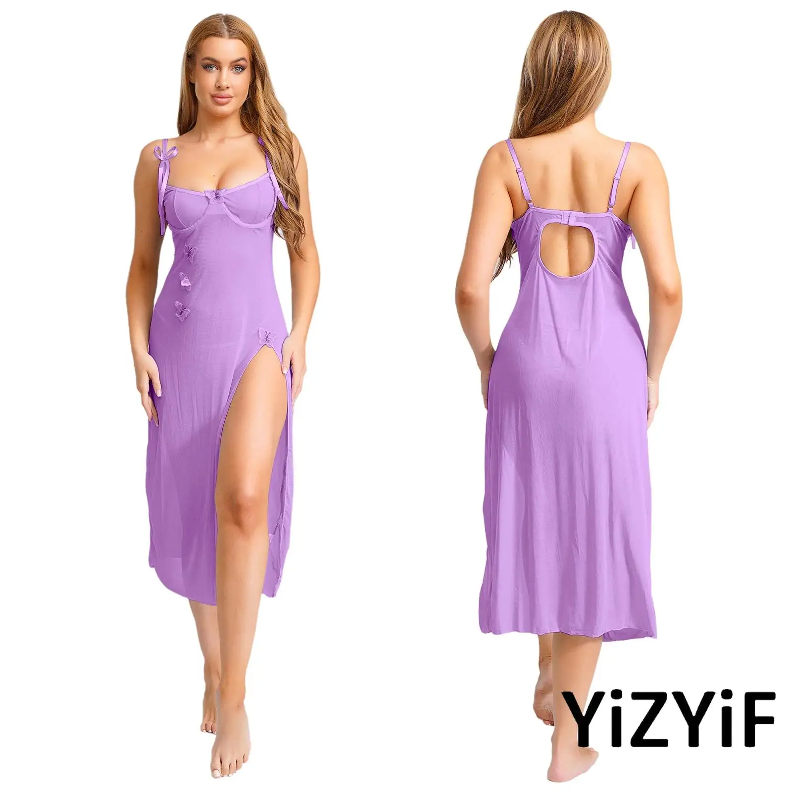 

Womens See Through Mesh Thong Suit Backless Underwire Bra High Slit Bodycon Dress Transparent Outfits with Butterfly Embroidery