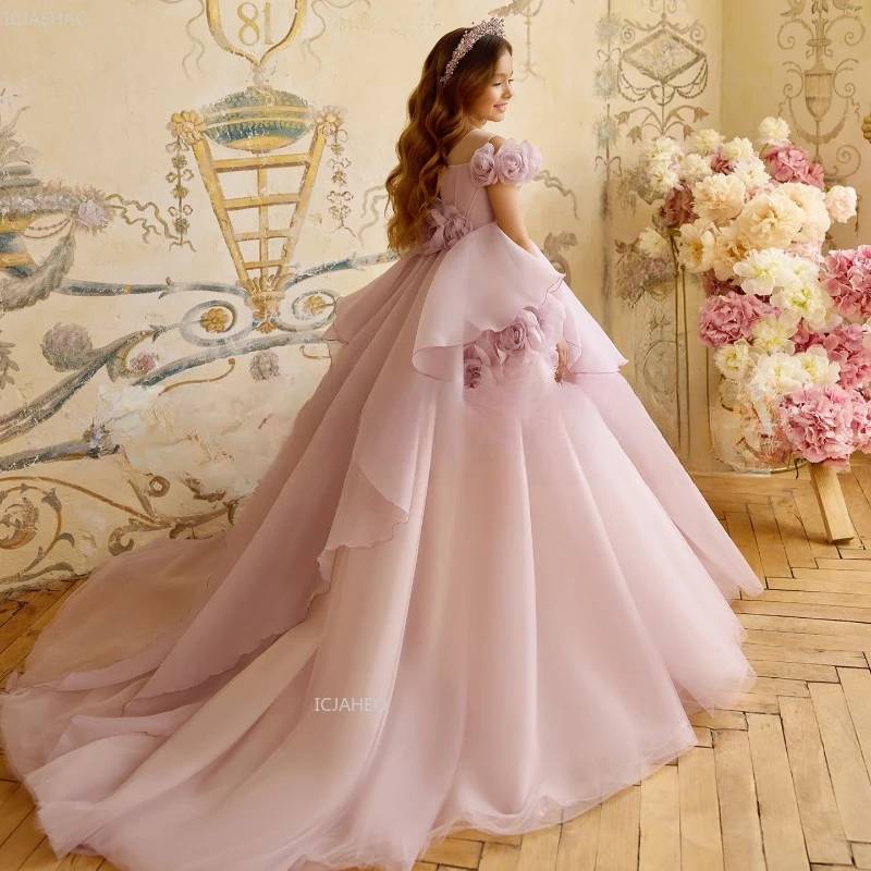 Kids Girls Pink Party Dress Princess Birthday Gown for Flower Girl Wedding Children Piano Recital Host Pageant Formal Costume