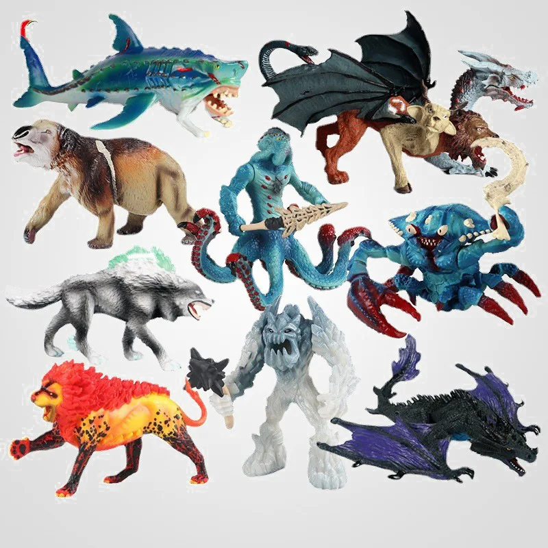 Modelos de dinosaurios sólidos, demonios de hielo, monstruos de pulpo, magma golems y otras figuras mágicas de bestia mítica y dragón