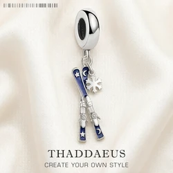 Blue Crossed Ski with Snowflake Dangle Charm For Women Men 925 Sterling Silver Winter Brand New Sport Gift