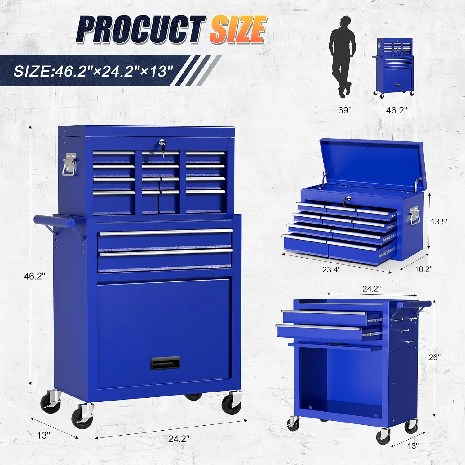 12-Drawer Rolling Tool Chest with Wheels, 46'', Blue | Heavy Duty Steel, 2 in 1 Lockable Tool Box, Portable Garage, Customized