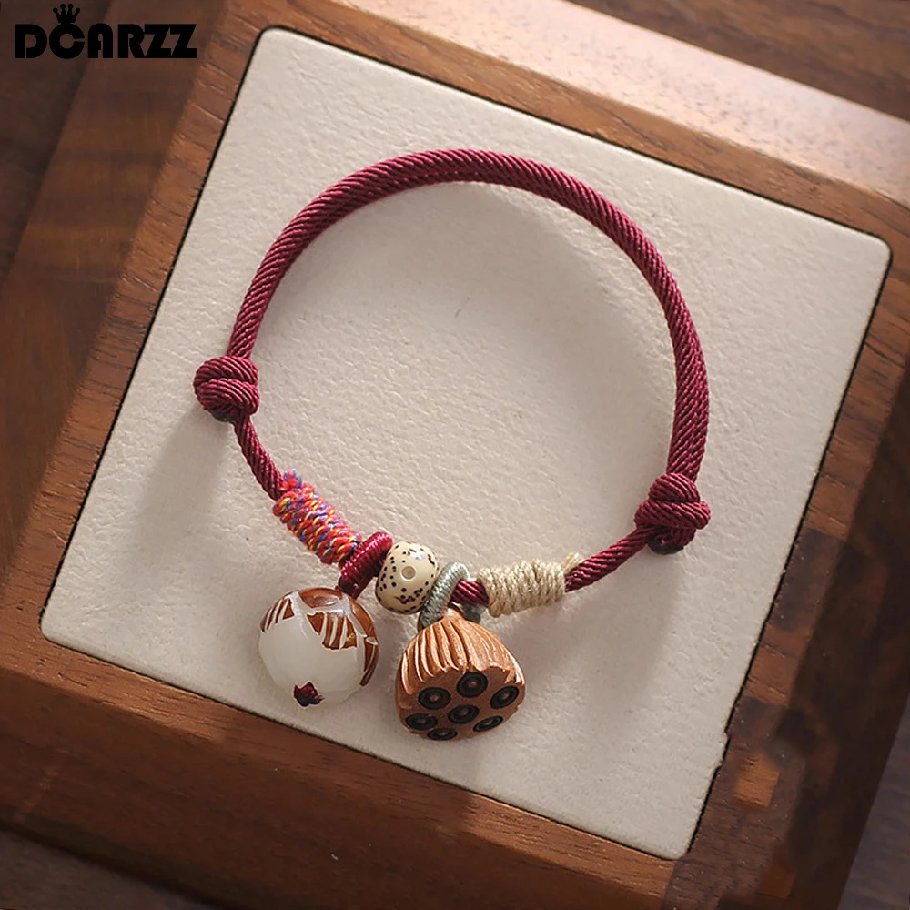 DCARZZ Ruifan винтажные деревянные браслеты Bodhi с цветком лотоса, винно-красные/красные тканые плетеные браслеты для женщин, браслеты-цепочки ручной работы из веревки