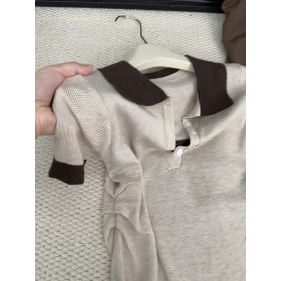Retro Contrast Color  Collar Half Button Short Sleeve T Shirt Women Summer New Design Slimming Top Vintage Style Knitted ...