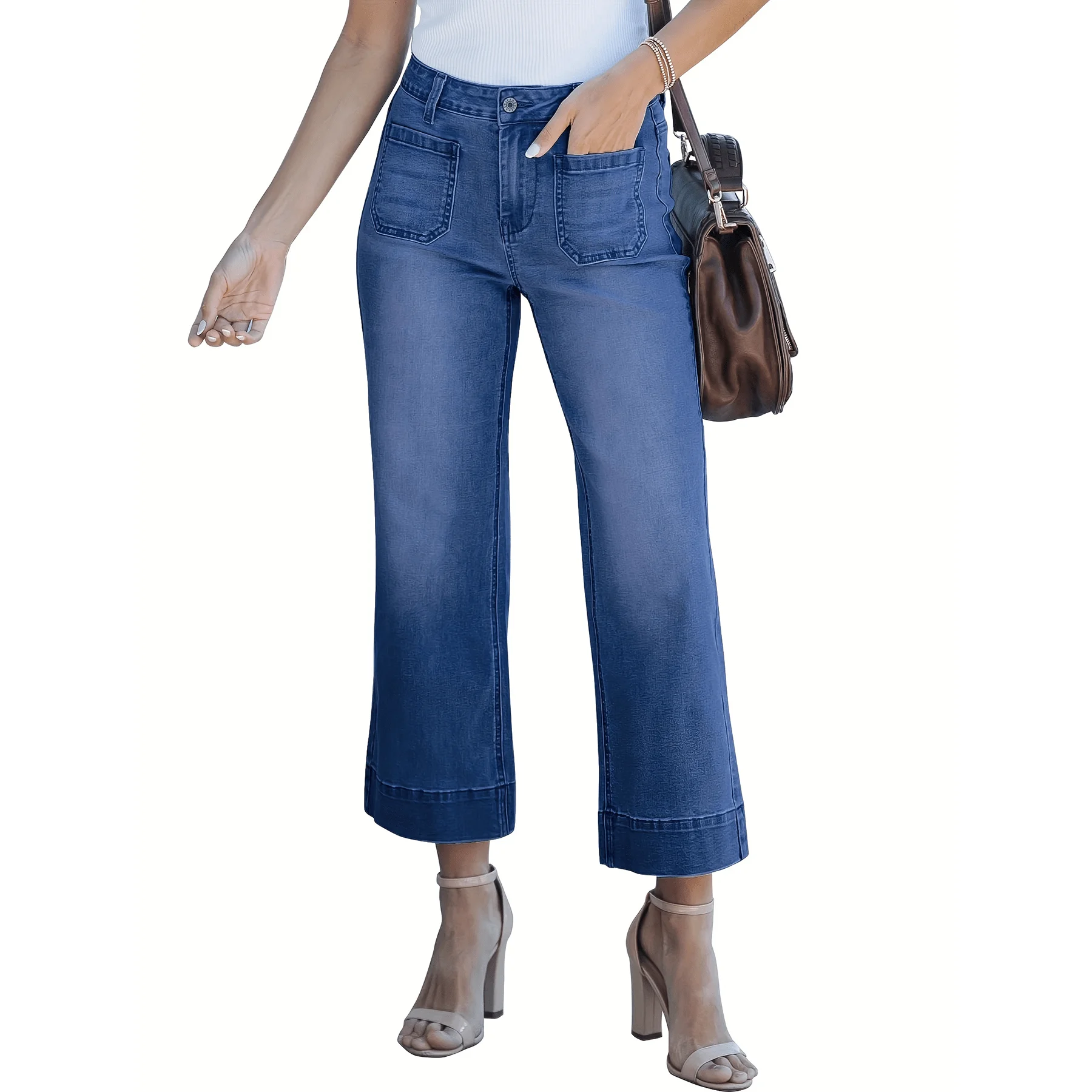 "Jeans courts en denim à jambes larges bleu profond pour femmes – Jeans pour femmes élégants et confortables"