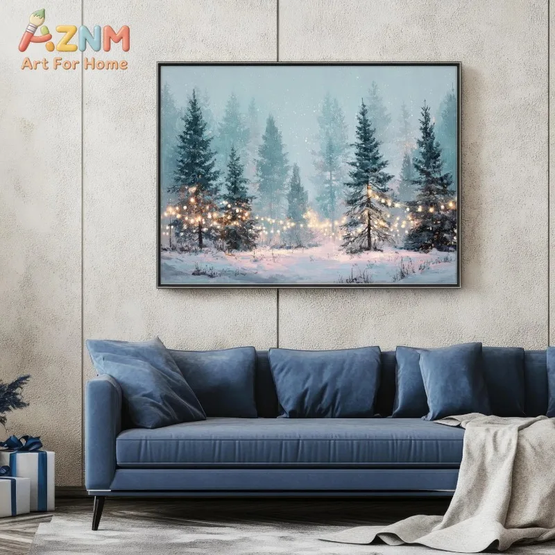 Snowy Pine Forest with Warm Fairy Lights Canvas Wall Art Winter Xmas Landscape Holiday Home Wall Print Unframed Canvas Poster
