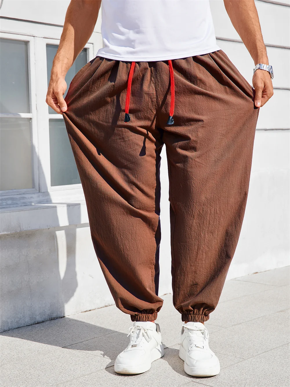 Herren-Haremshose, lockere Passform, chinesischer Stil, Baumwolle, Leinen, einfarbig, gemütliche Jogginghose, Jogger, hochwertige männliche Freizeithose – Detail 15